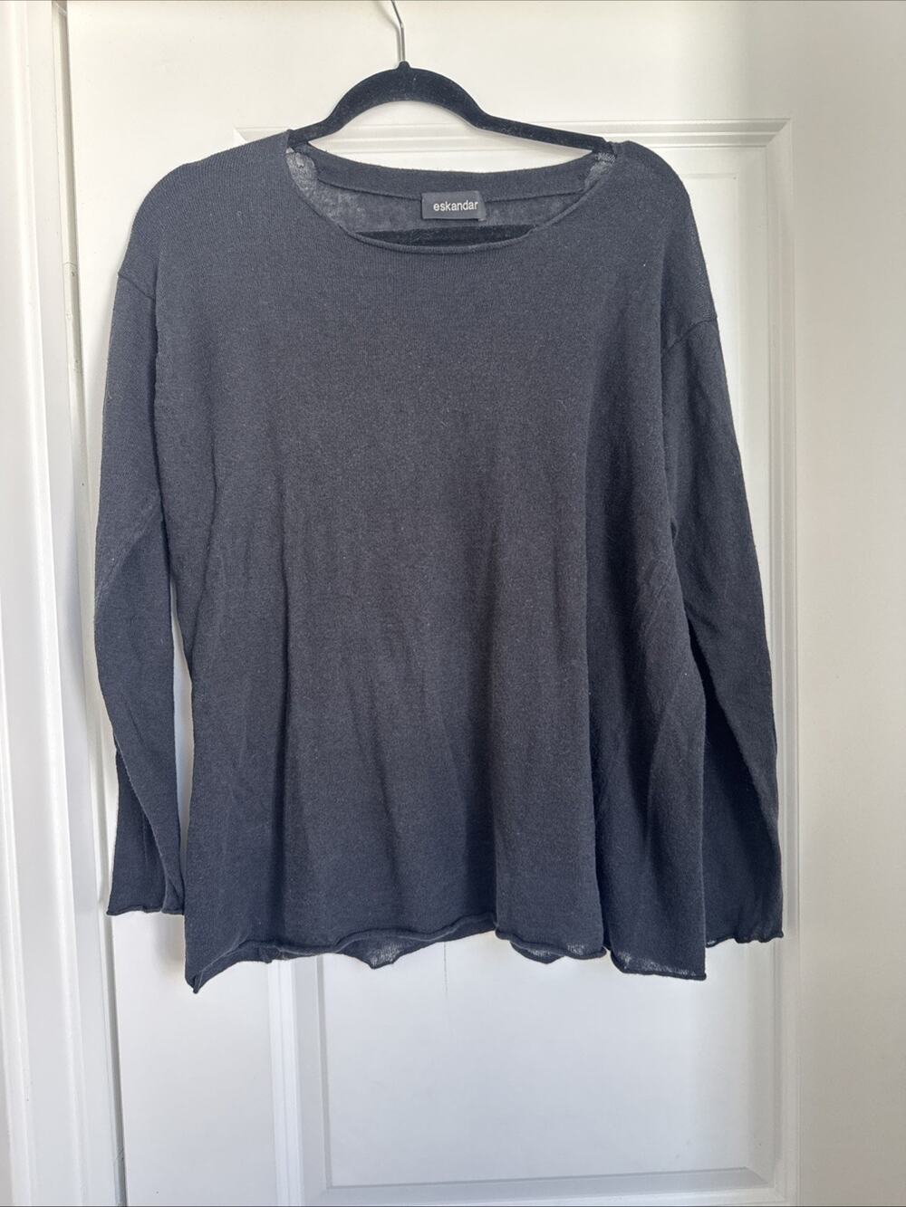 ESKANDAR BLACK LINEN COTTON LONG SLEEVE KNIT SHIRT TOP SZ 0/S Read